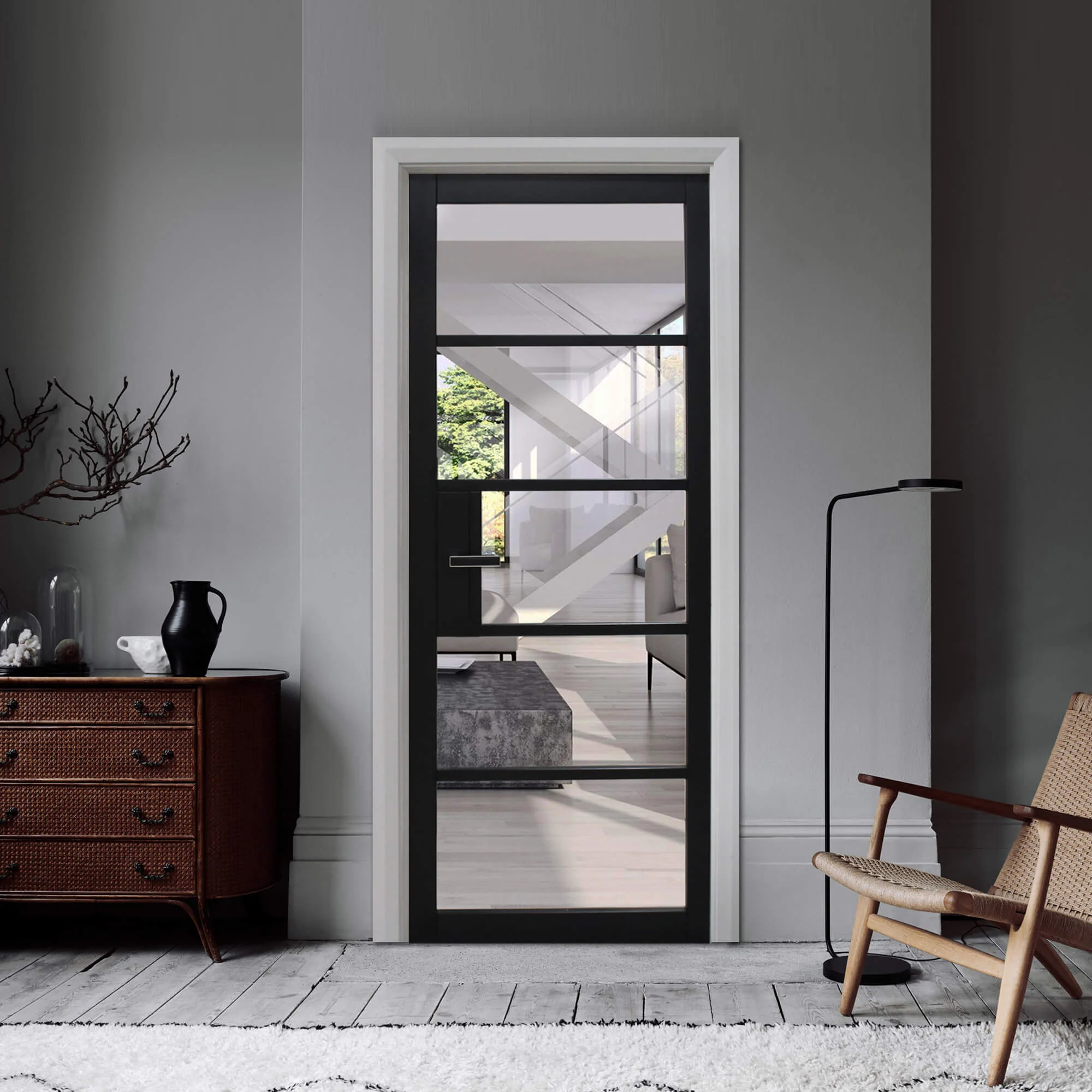 Kew Black Primer Plus 5 Lite Pre-Glazed Door (40mm) - Image 3