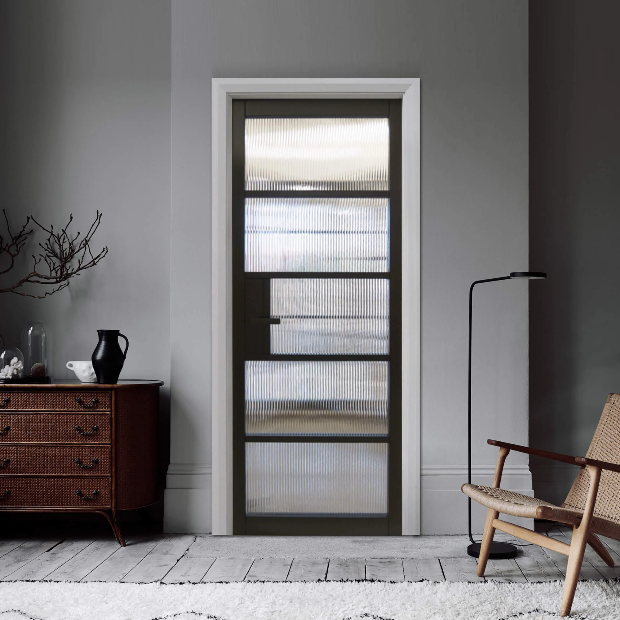 Kew Black Primer Plus 5 Lite Reeded Glass Door (40mm) - Image 4